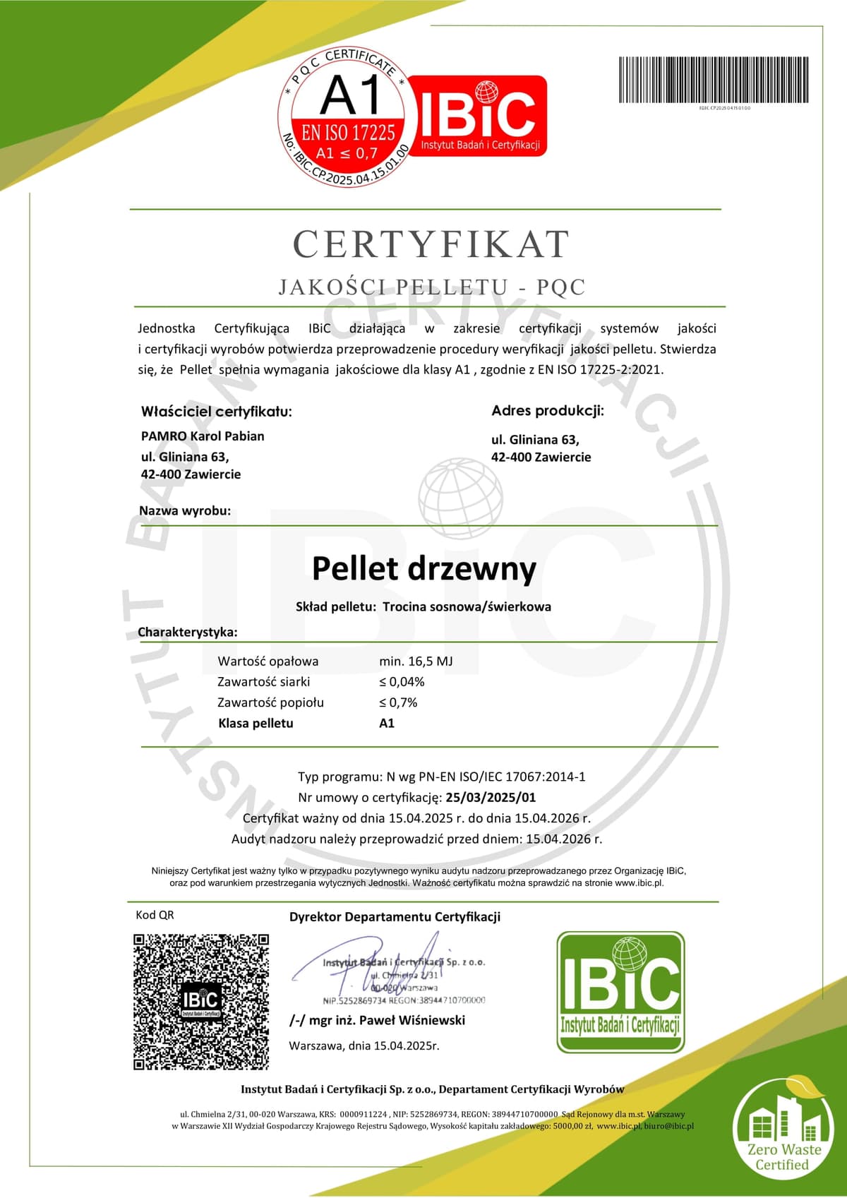 Certyfikat Pellet A1